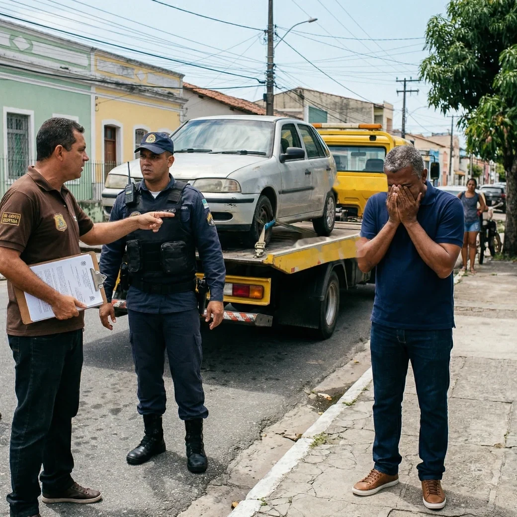Homem leva as m&atilde;os ao rosto enquanto seu carro &eacute; retirado por um guincho do Detran, ao lado de dois agentes.